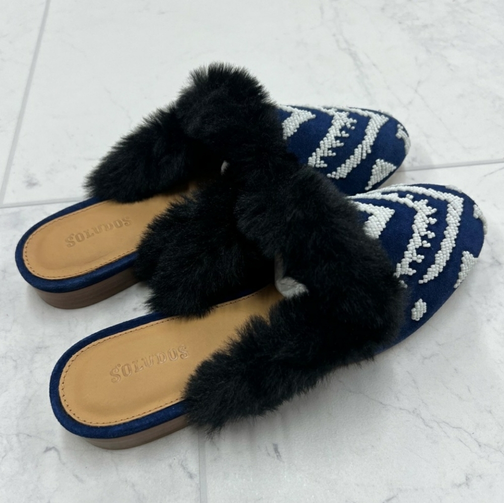 Soludos Sedona Faux Fur Beaded Leather Mule Navy 6 new In Box - Picture 3 of 12